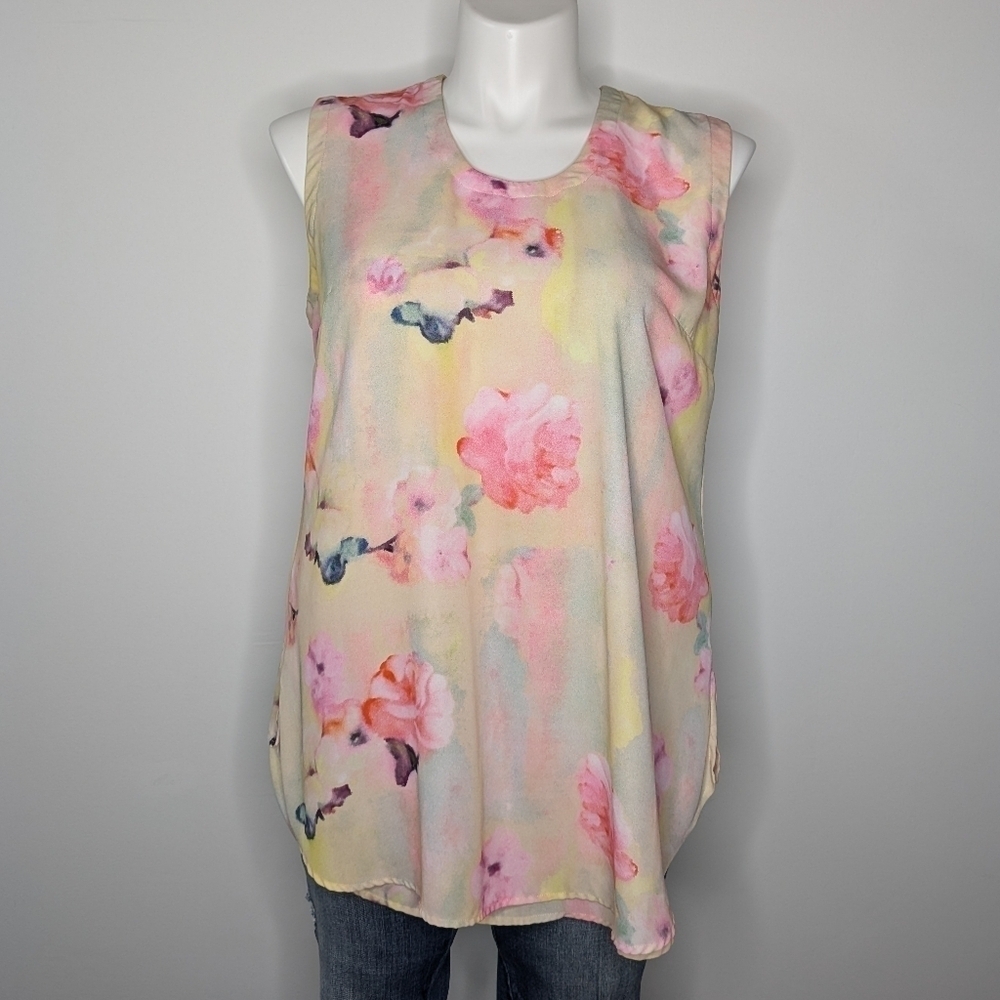 ✨3/$15 Seven x Melissa McCarthy tan pink floral sleeveless tank top blouse XL